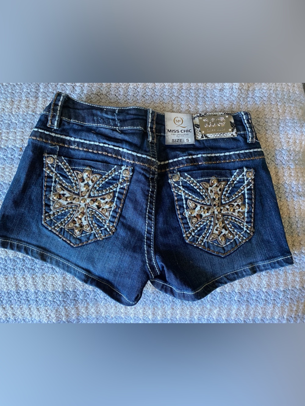 Miss Chic Dark Wash Denim Shorts Western Bling Cowgirl & Cheetah Print - Picture 1 of 5
